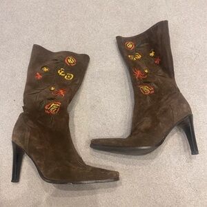 Embroidered Brown Heeled Boots
